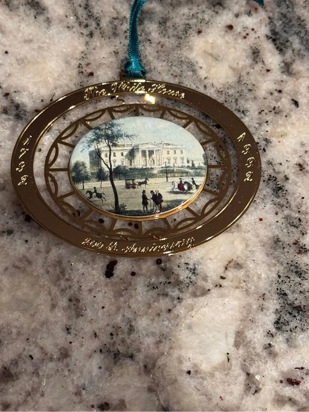 The White House 1992 Gold Holiday Ornament with Teal Ribbon